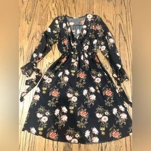 Women’s, work dress, long sleeve, navy blue/pink flowers